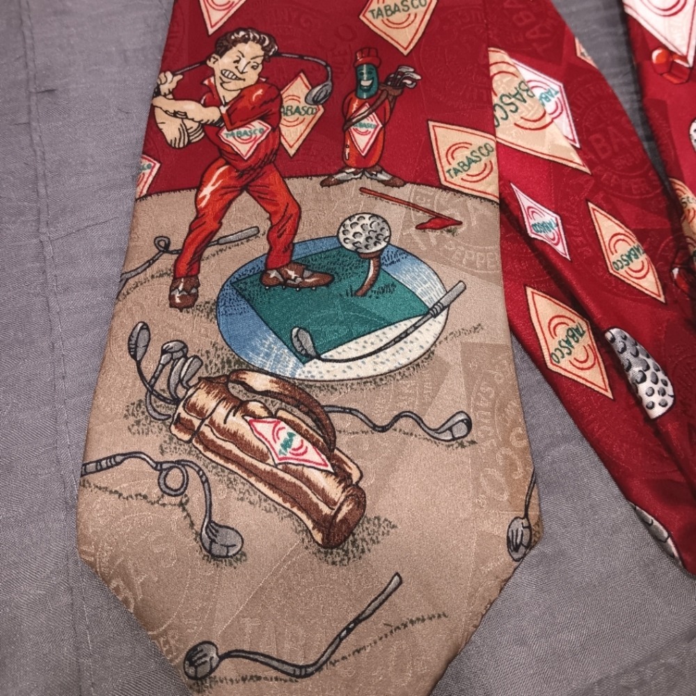 Tabasco Golf Novelty Necktie 100% Silk Golfing Theme Red Beige